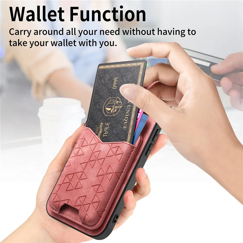 For Samsung Galaxy S23 Ultra Case Imprinted Pattern Card Holder Kickstand Leather Back Cover - Pink - 5