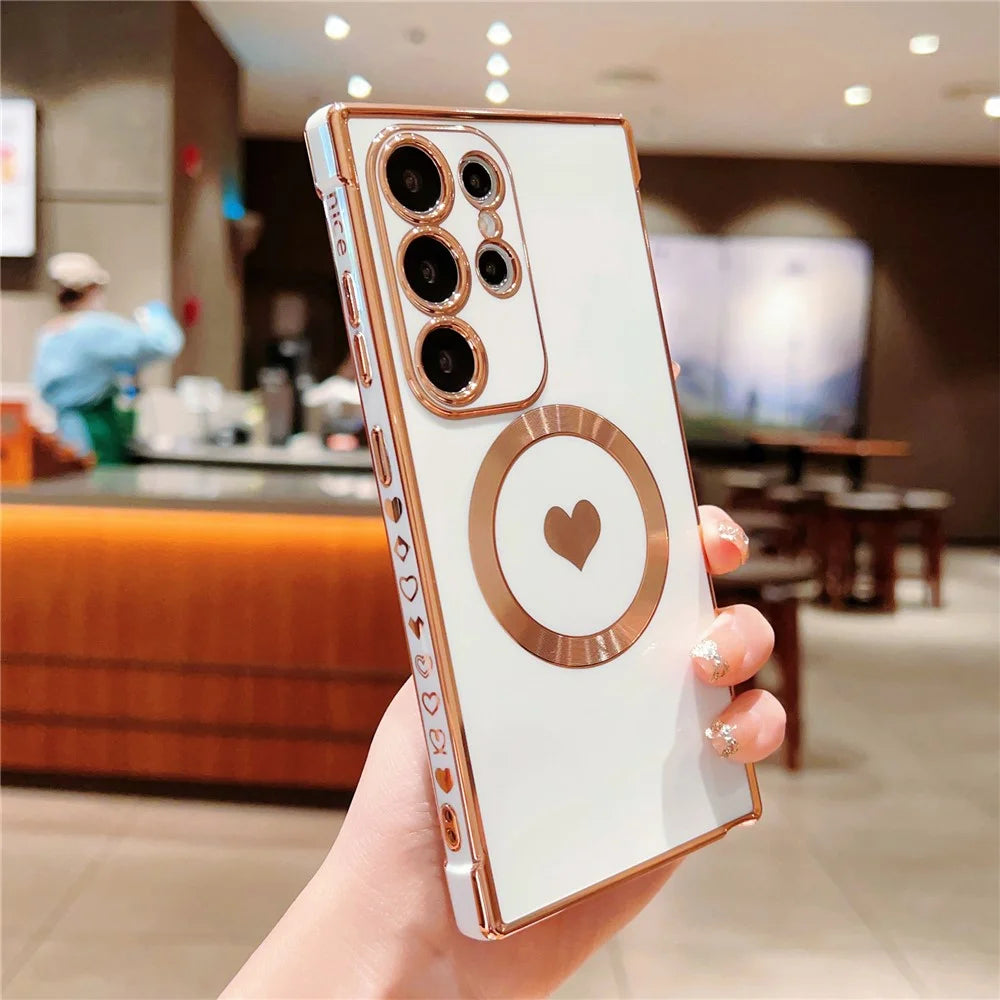 For Samsung Galaxy S25 Ultra Magnetic Case Electroplating Soft TPU Cover with Cute Love Heart - Ivory White - 1