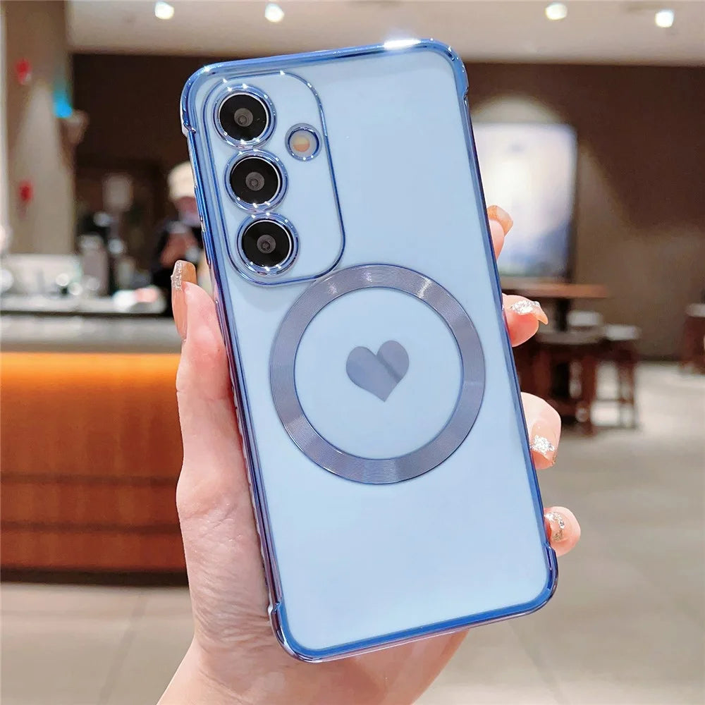 For Samsung Galaxy S25 Magnetic Case Electroplating Soft TPU Cover with Cute Love Heart - Blue - 1