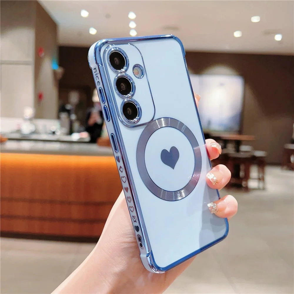 For Samsung Galaxy S25 Magnetic Case Electroplating Soft TPU Cover with Cute Love Heart - Blue - 2