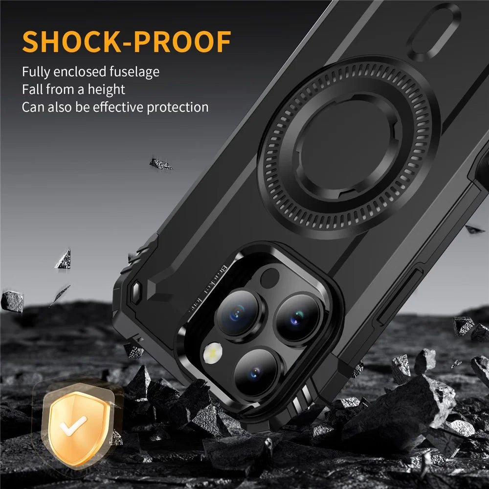For iPhone 16 Pro Max Case Compatible with MagSafe Metal Lens Frame Kickstand PC+TPU Mobile Cover - Black - 6
