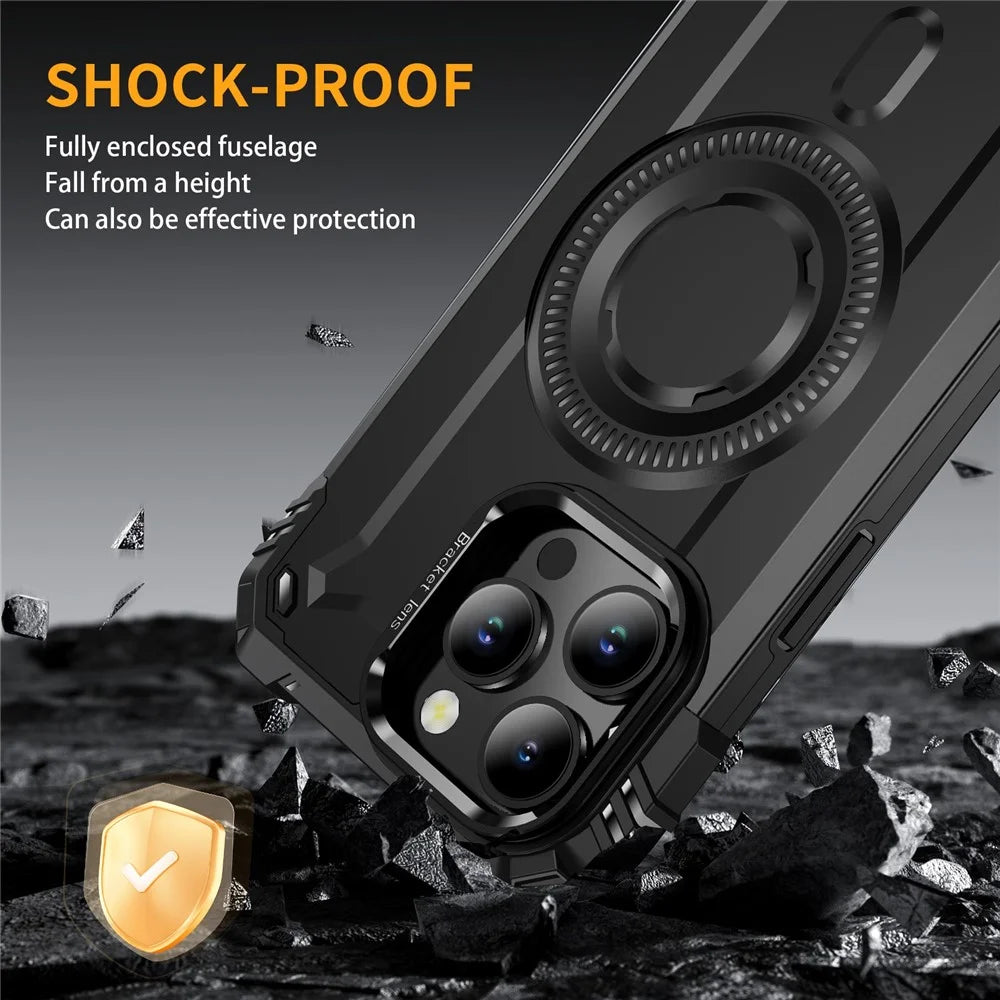 For iPhone 15 Pro Max Case Compatible with MagSafe Metal Lens Frame Kickstand PC+TPU Mobile Cover - Black - 6