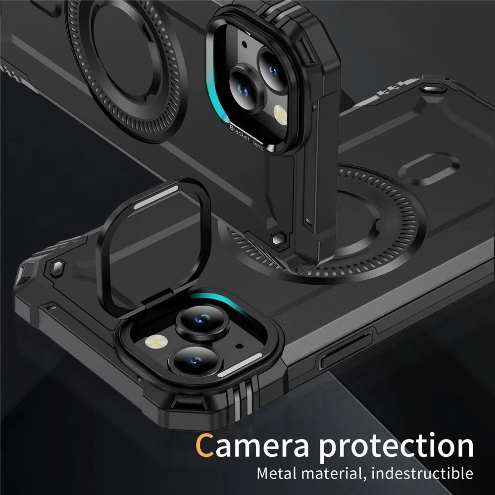 For iPhone 15 Case Compatible with MagSafe Metal Lens Frame Kickstand PC+TPU Mobile Cover - Black - 5