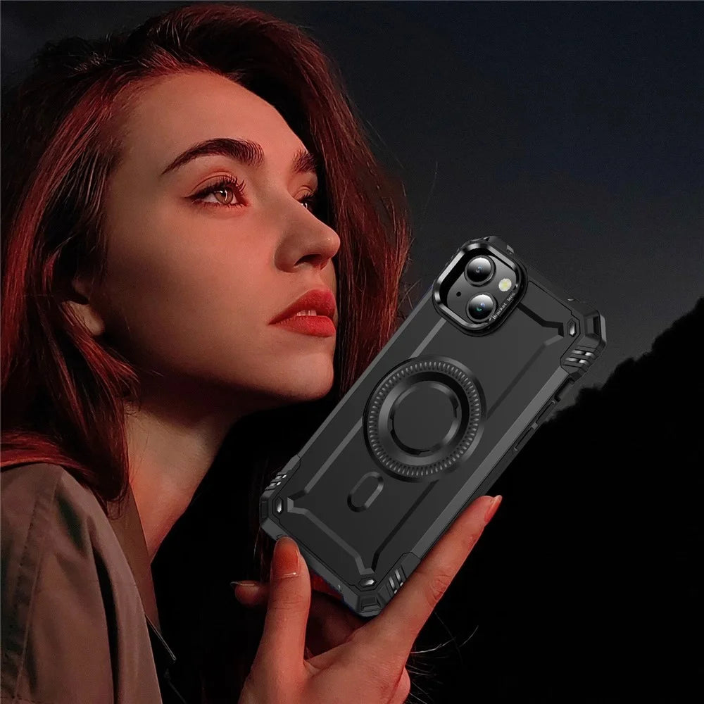 For iPhone 15 Case Compatible with MagSafe Metal Lens Frame Kickstand PC+TPU Mobile Cover - Black - 7