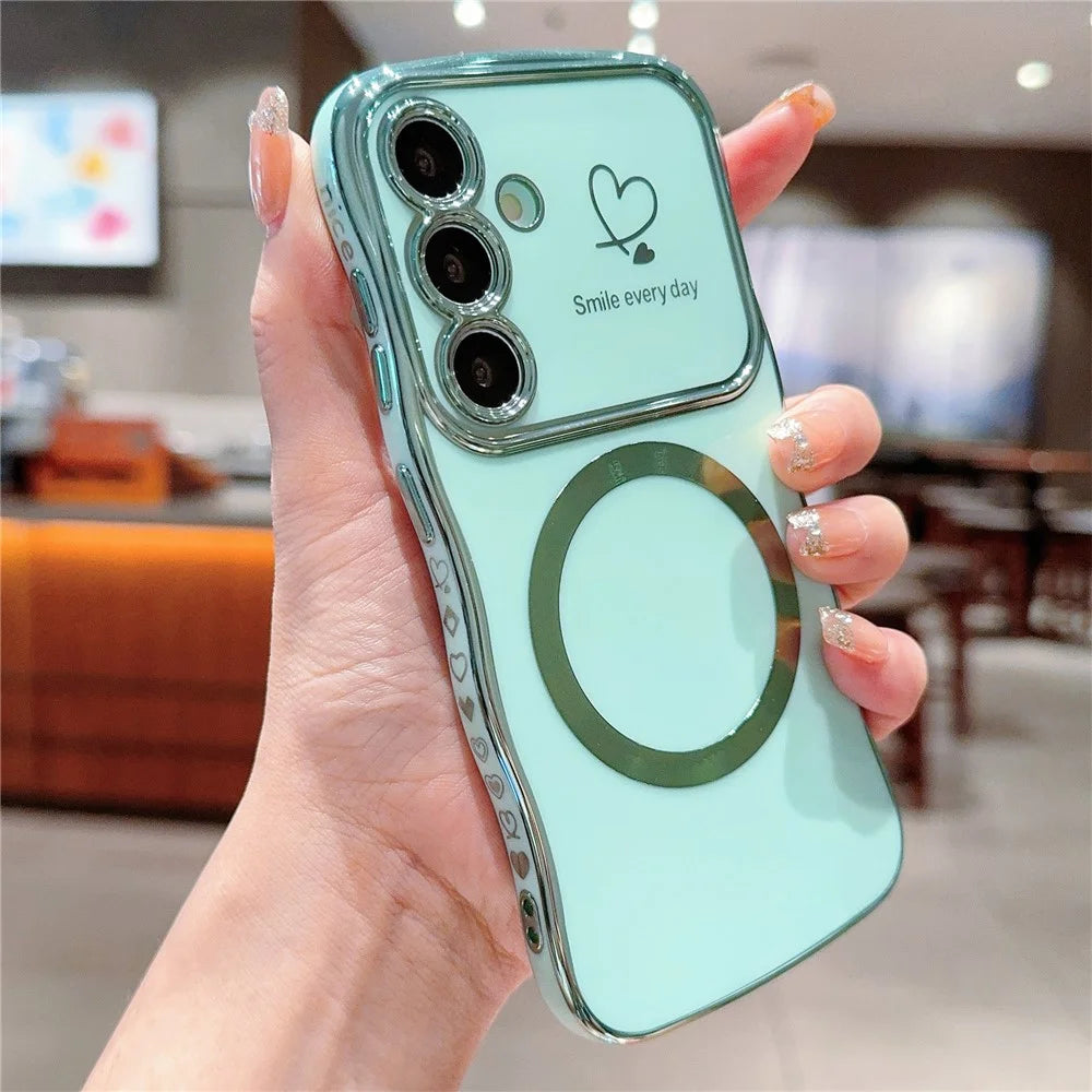 For Samsung Galaxy S25+ Magnetic Case Electroplating Curly Frame TPU Phone Cover Large Window - Green - 2