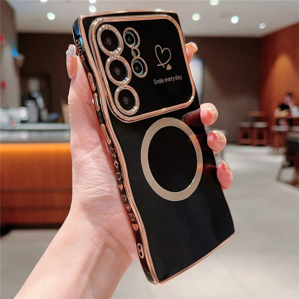For Samsung Galaxy S25 Ultra Magnetic Case Electroplating Curly Frame TPU Phone Cover Large Window - Black - 2