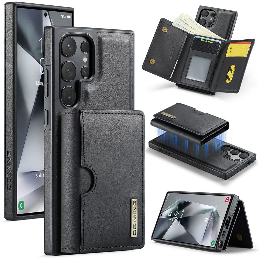 DG.MING M6 Series For Samsung Galaxy S25 Ultra Case Magnetic Wallet PU+PC+TPU Phone Cover - Black - 1