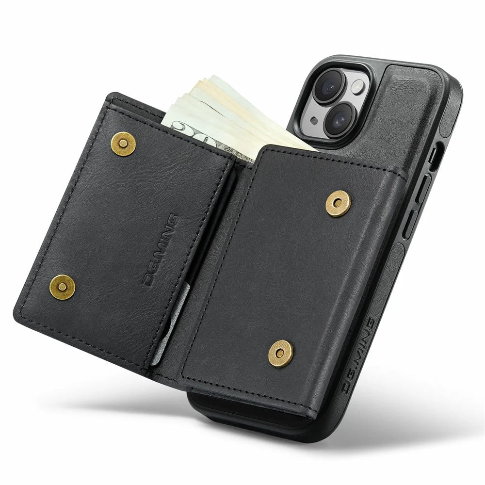 DG.MING M6 Series For iPhone 13 Case Magnetic Wallet PU+PC+TPU Phone Cover - Black - 3