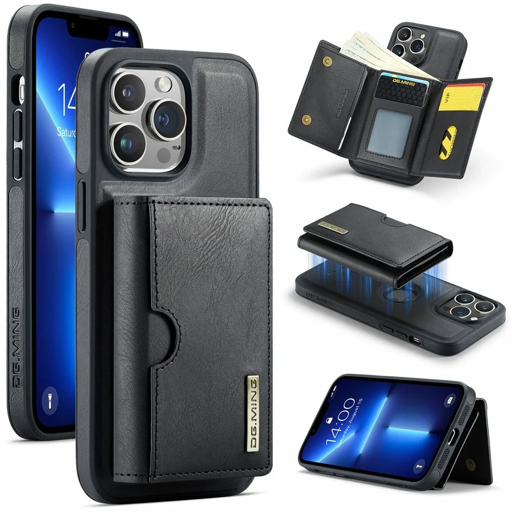 DG.MING M6 Series For iPhone 13 Pro Case Magnetic Wallet PU+PC+TPU Phone Cover - Black - 1