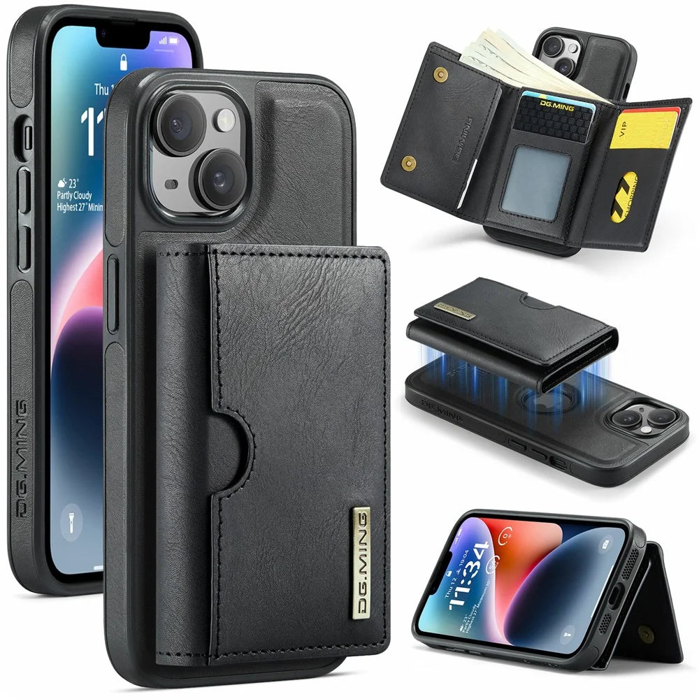 DG.MING M6 Series For iPhone 14 Case Magnetic Wallet PU+PC+TPU Phone Cover - Black - 1