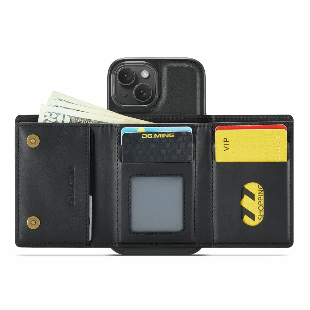 DG.MING M6 Series For iPhone 14 Case Magnetic Wallet PU+PC+TPU Phone Cover - Black - 2