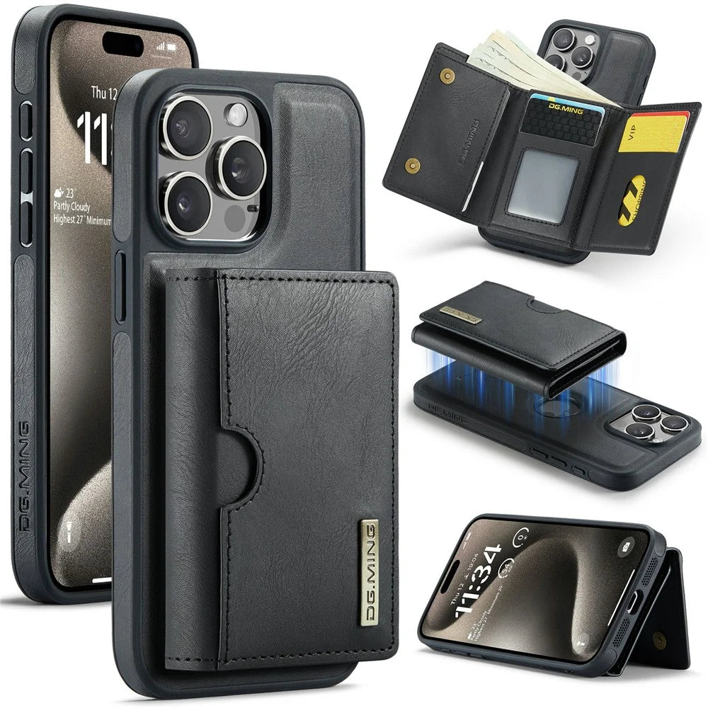DG.MING M6 Series For iPhone 14 Pro Max Case Magnetic Wallet PU+PC+TPU Phone Cover - Black - 1