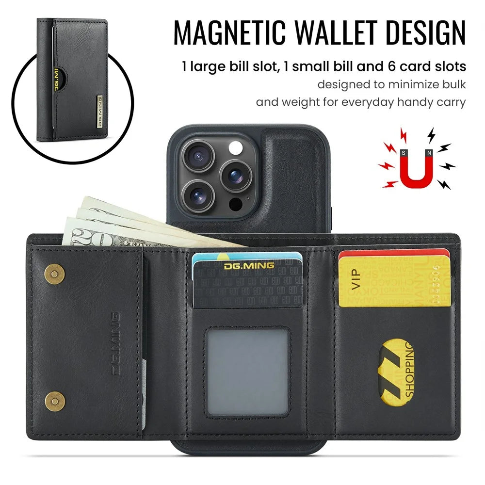 DG.MING M6 Series For iPhone 15 Pro Case Magnetic Wallet PU+PC+TPU Phone Cover - Black - 6