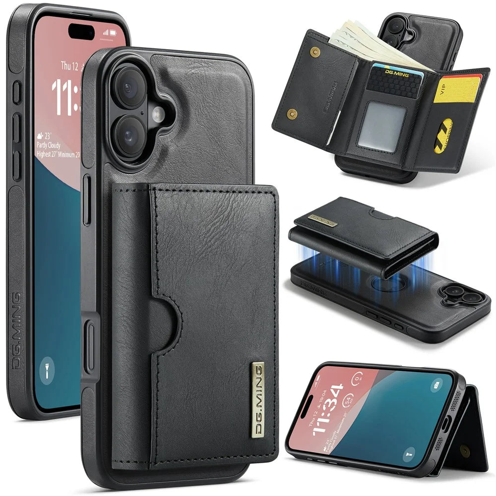 DG.MING M6 Series For iPhone 16 Case Magnetic Wallet PU+PC+TPU Phone Cover - Black - 1
