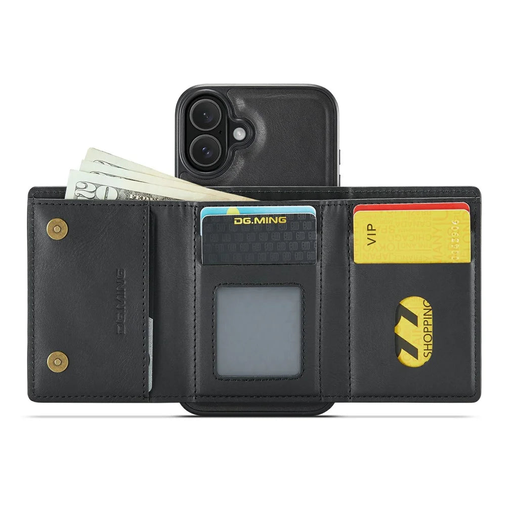 DG.MING M6 Series For iPhone 16 Plus Case Magnetic Wallet PU+PC+TPU Phone Cover - Black - 2