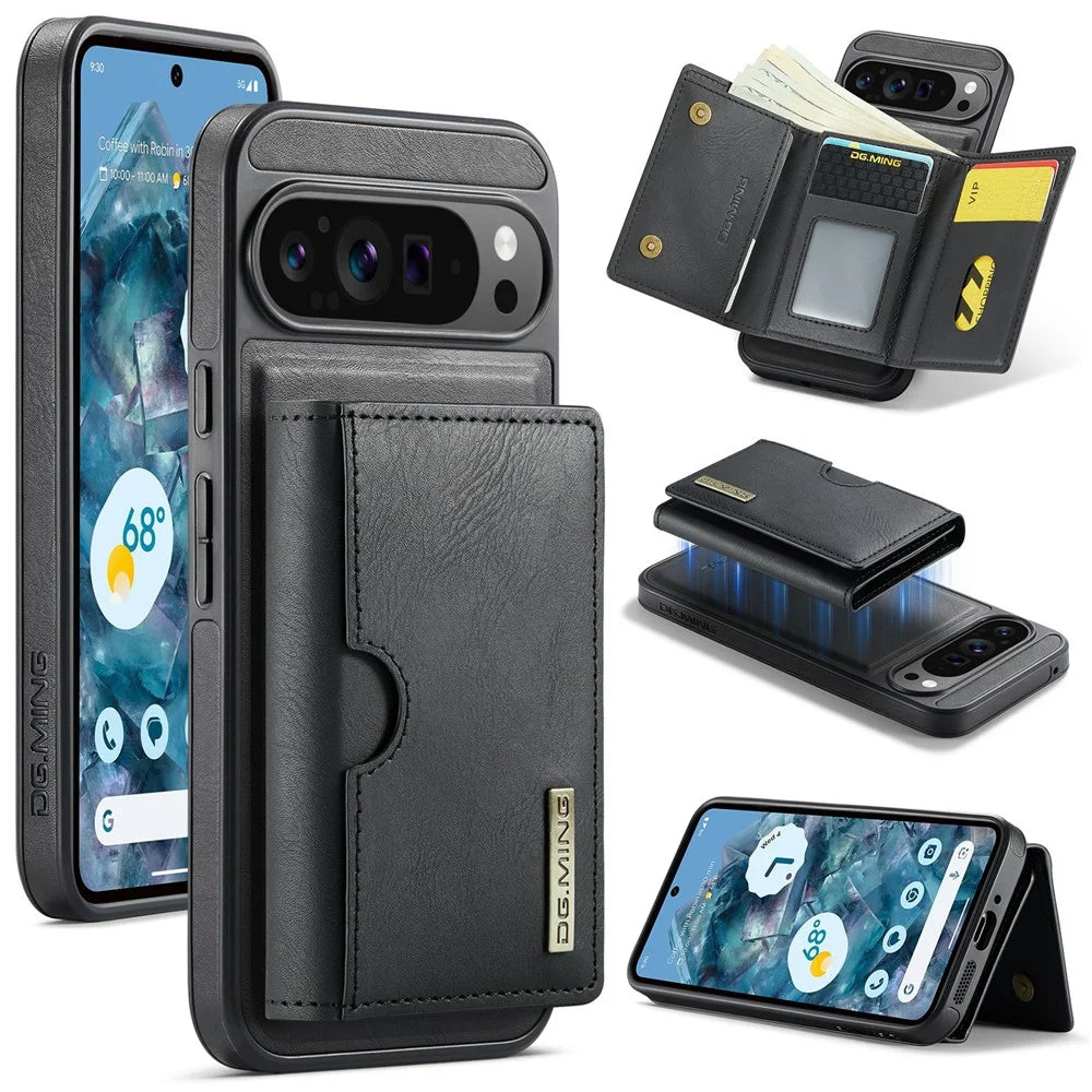 DG.MING M6 Series For Google Pixel 9 Pro XL Case Magnetic Wallet PU+PC+TPU Phone Cover - Black - 1