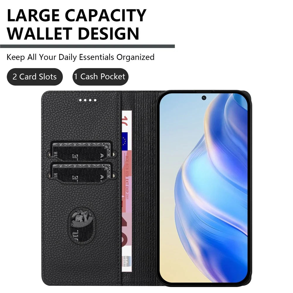 For Samsung Galaxy A55 5G Wallet Case RFID Blocking Litchi Texture Leather Mobile Cover - Black - 5