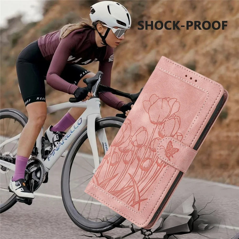 For Google Pixel 9 Pro / Pixel 9 Case Tulip Leather Phone Cover with 5 Card Slots Wallet - Pink - 5