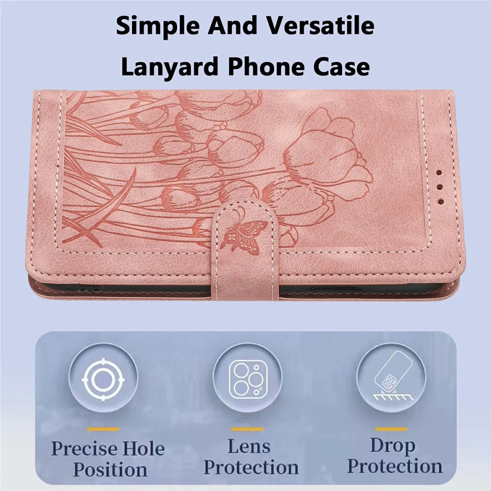 For Google Pixel 9 Pro / Pixel 9 Case Tulip Leather Phone Cover with 5 Card Slots Wallet - Pink - 7