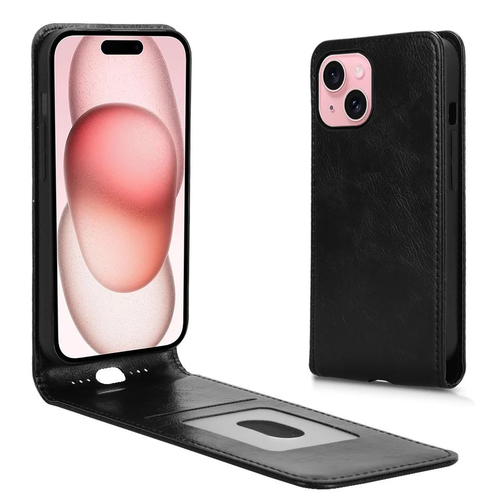 For iPhone 15 Plus Case with Card Slot Magnetic Vertical Flip Leather Phone Cover - Black - 1