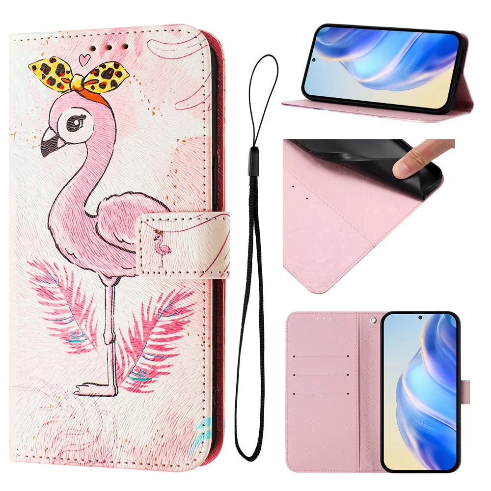 For Samsung Galaxy A14 4G / Galaxy A14 5G Case Pattern Printing Wallet Phone Cover with Strap - Flamingo - 4