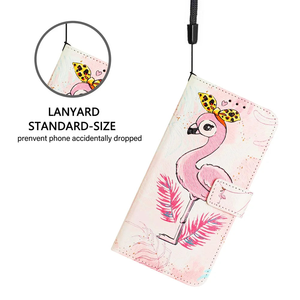 For Samsung Galaxy A14 4G / Galaxy A14 5G Case Pattern Printing Wallet Phone Cover with Strap - Flamingo - 6