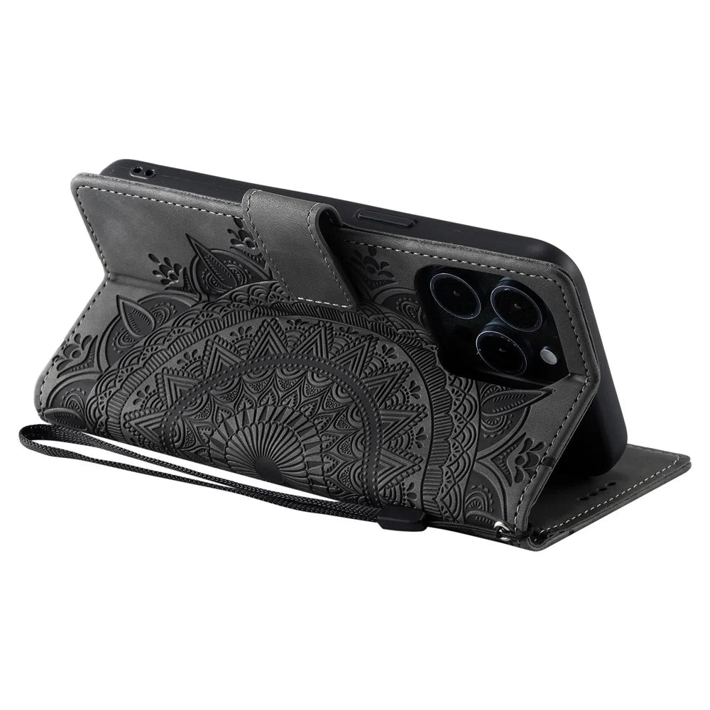 Style 018 For iPhone 14 Pro Max Case Imprinted Totem Skin Feel Wallet Leather Phone Cover - Grey - 4