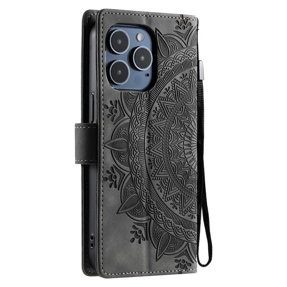 Style 018 For iPhone 14 Pro Max Case Imprinted Totem Skin Feel Wallet Leather Phone Cover - Grey - 7