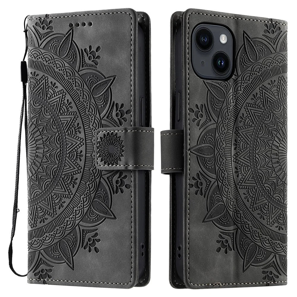 Style 018 For iPhone 15 Case Imprinted Totem Skin Feel Wallet Leather Phone Cover - Grey - 1