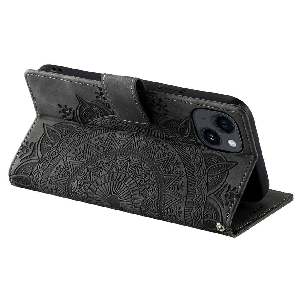 Style 018 For iPhone 15 Case Imprinted Totem Skin Feel Wallet Leather Phone Cover - Grey - 4