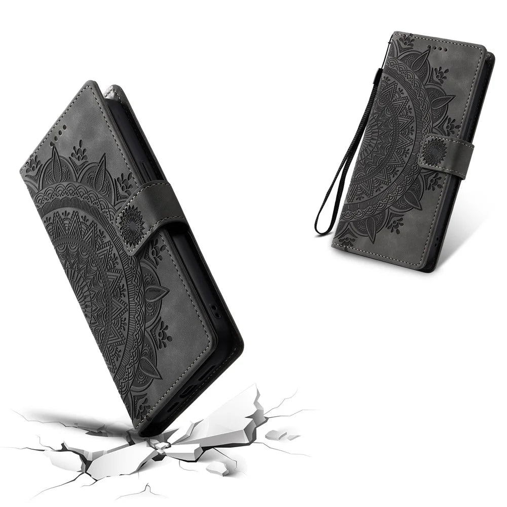 Style 018 For iPhone 15 Case Imprinted Totem Skin Feel Wallet Leather Phone Cover - Grey - 5
