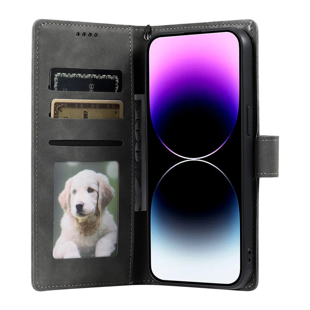Style 018 For iPhone 15 Pro Case Imprinted Totem Skin Feel Wallet Leather Phone Cover - Grey - 2