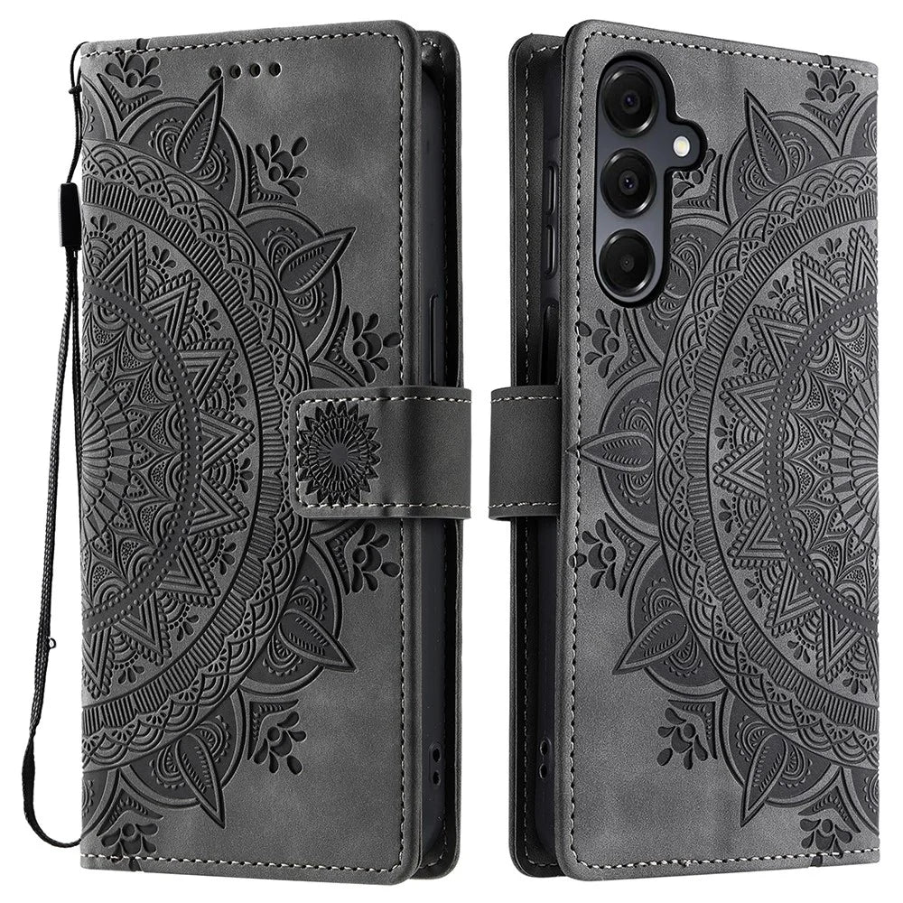 Style 018 For Samsung Galaxy A15 5G  /  4G Case Imprinted Totem Skin Feel Wallet Leather Phone Cover - Grey - 1