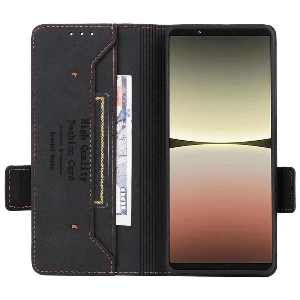 Hardware Decor Phone Case for Sony Xperia 5 IV 5G, Full Protection Dual Magnetic Clasp PU Leather Wallet Stand Phone Cover - Black - 2