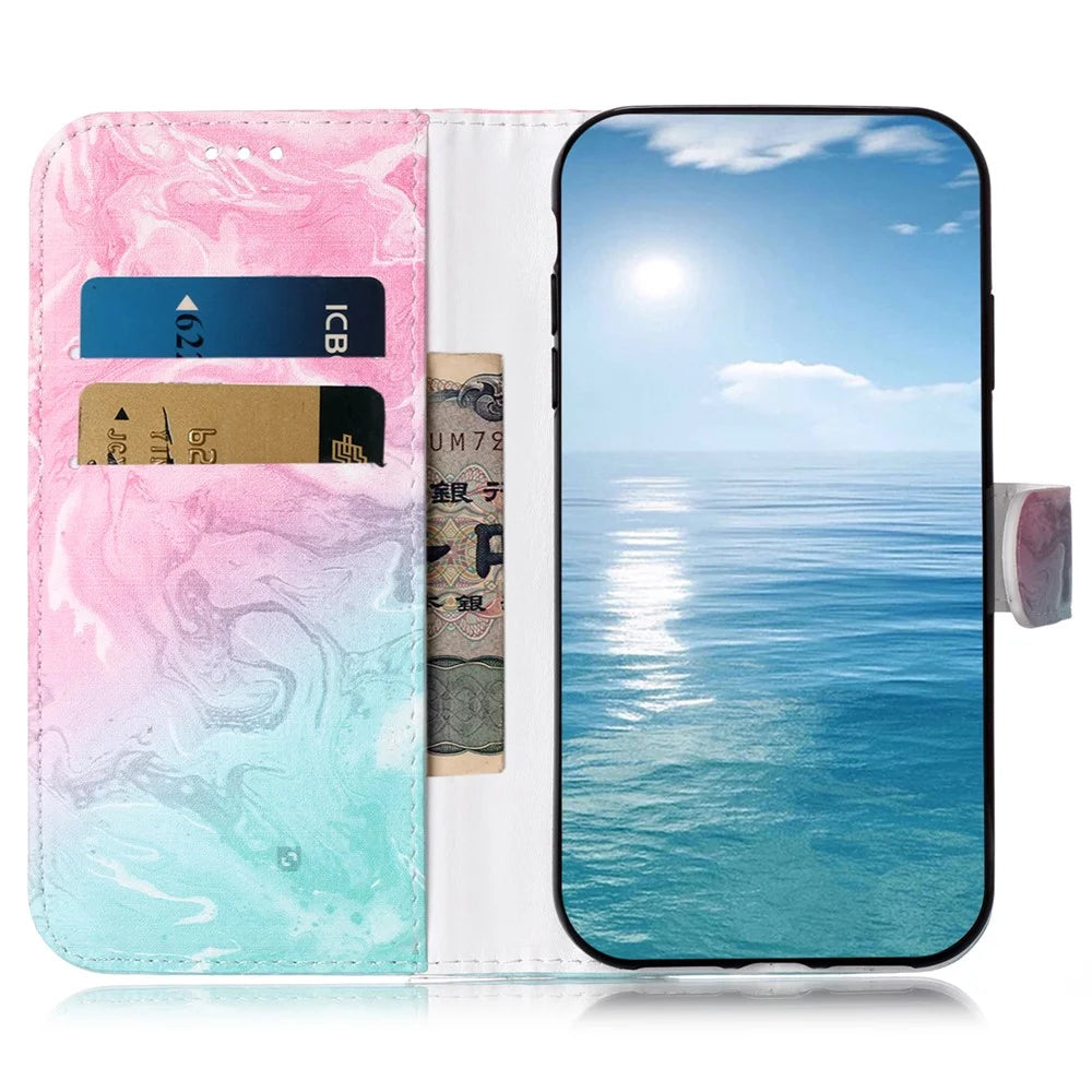 For Samsung Galaxy A18 5G / A18 4G / A17 5G / A17 4G / A26 5G Case Pattern PU Leather Flip Phone Cover - Pink Green Marble - 2