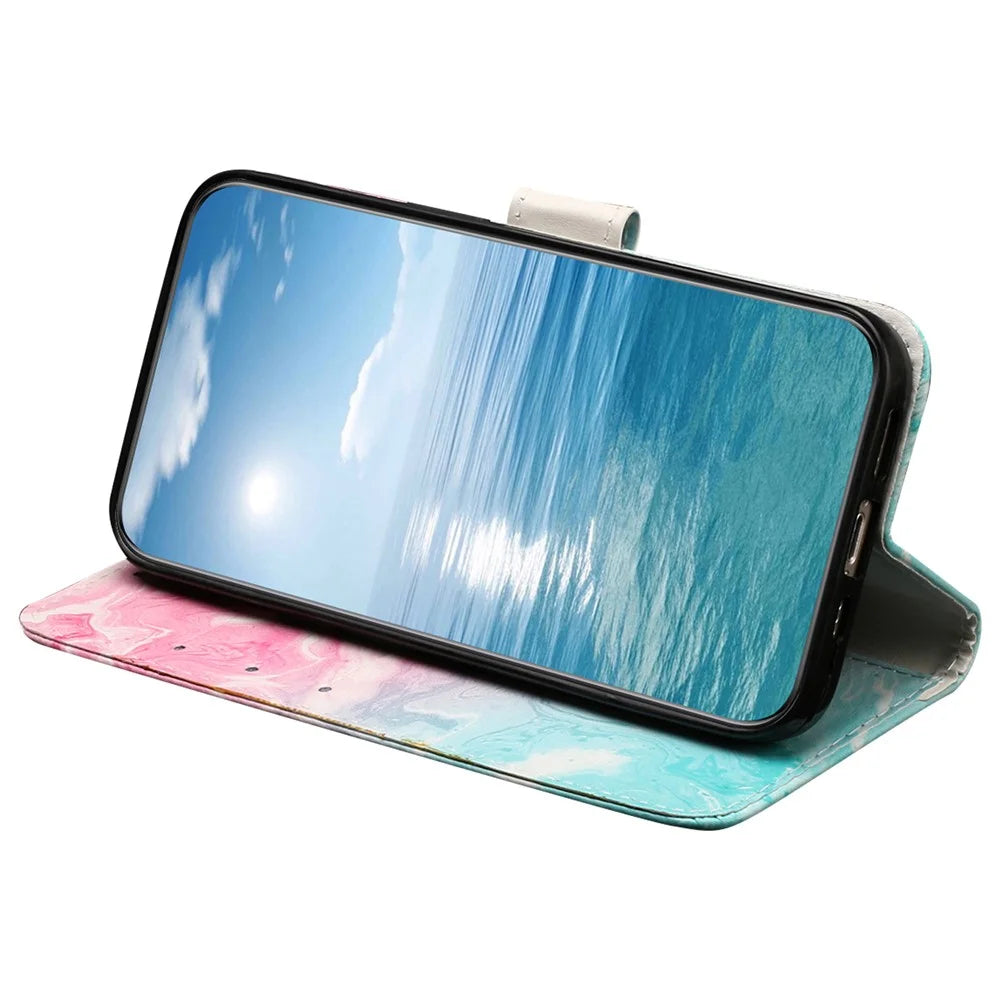 For Samsung Galaxy A18 5G / A18 4G / A17 5G / A17 4G / A26 5G Case Pattern PU Leather Flip Phone Cover - Pink Green Marble - 3