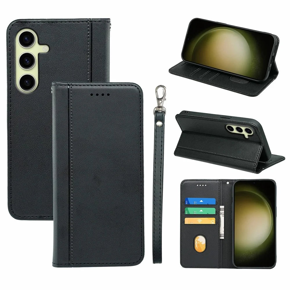 HX01 For Samsung Galaxy S25+ Wallet Case Magnetic Closing PU Leather Phone Cover - Black - 1