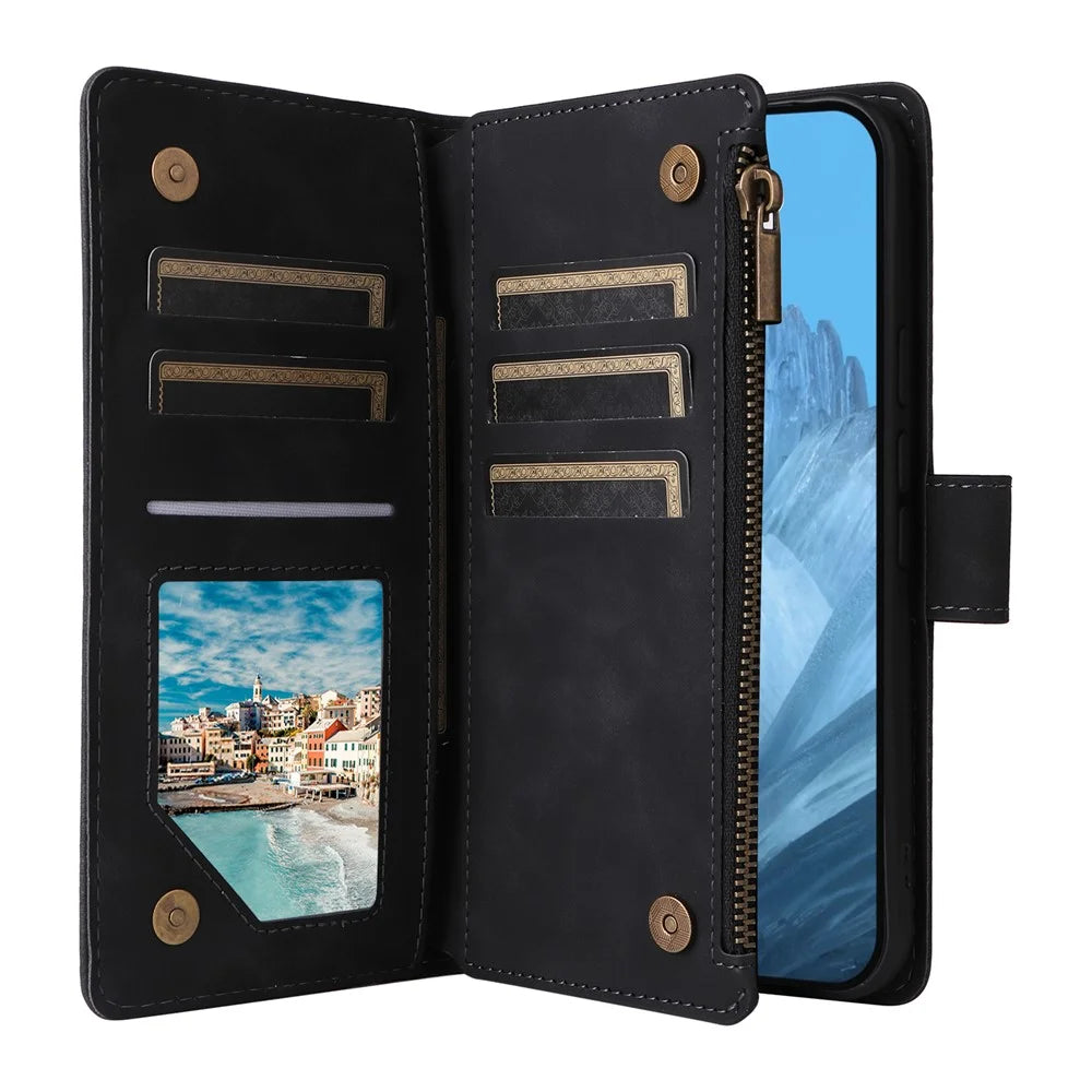 For Google Pixel 9 Pro / Pixel 9 Case Zipper Wallet Multiple Card Slots Leather Phone Cover - Black - 3