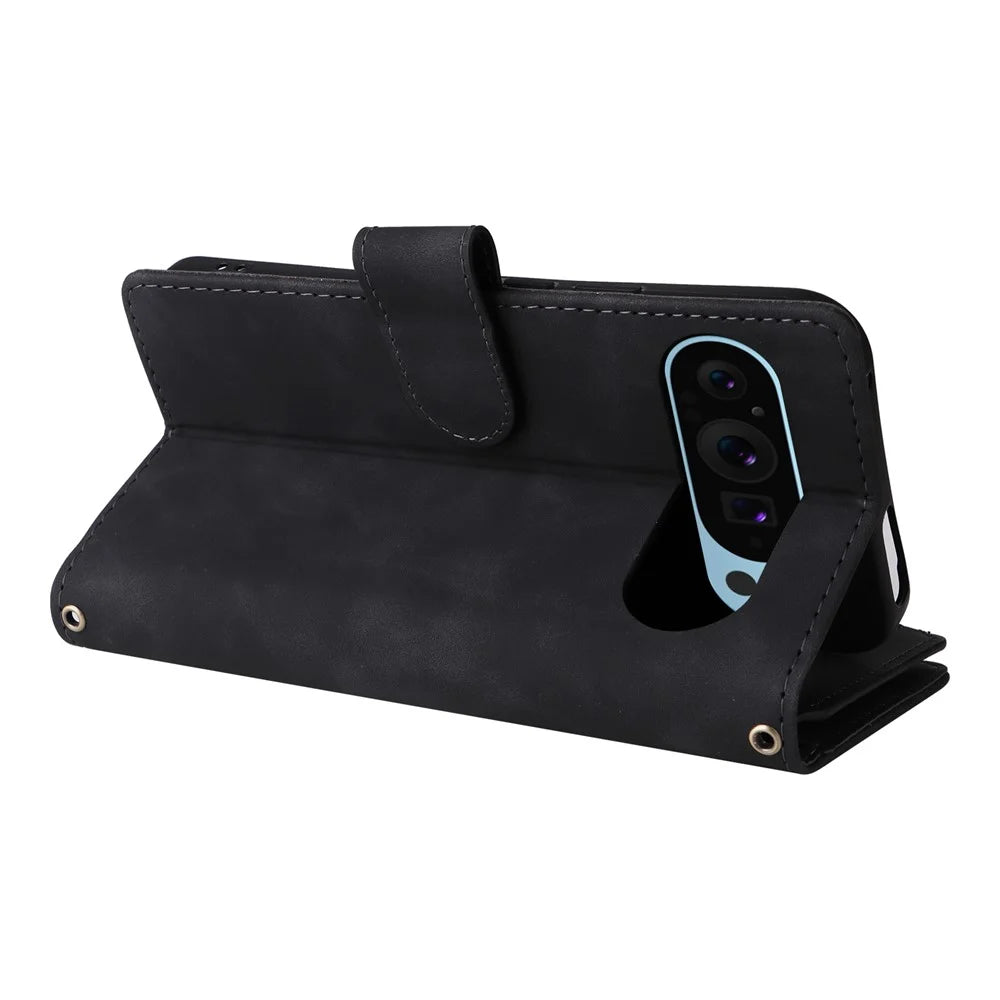 For Google Pixel 9 Pro / Pixel 9 Case Zipper Wallet Multiple Card Slots Leather Phone Cover - Black - 5