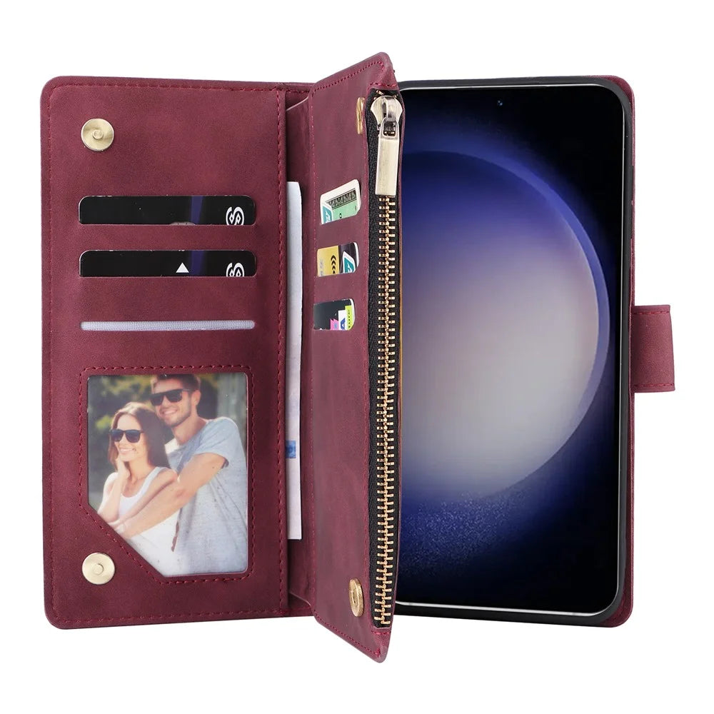 For Samsung Galaxy S25 / S24 Case Zipper Wallet Multiple Card Slots Leather Phone Cover - Wine Red - 3