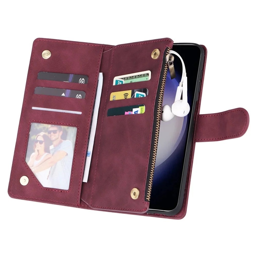 For Samsung Galaxy S25 / S24 Case Zipper Wallet Multiple Card Slots Leather Phone Cover - Wine Red - 4