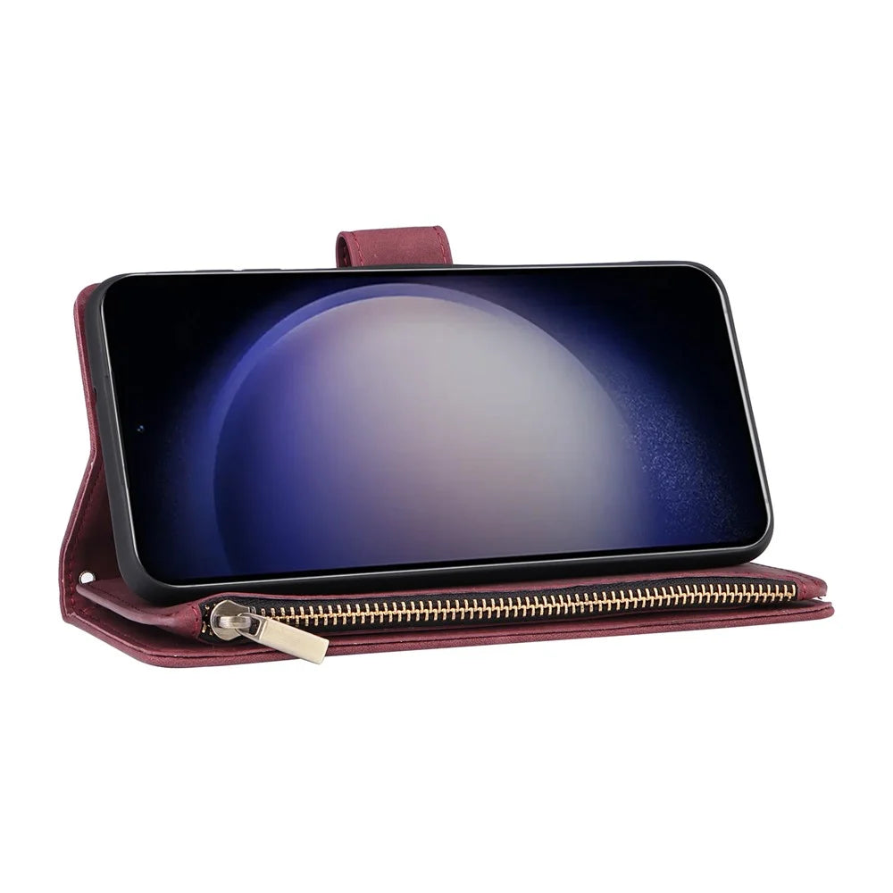 For Samsung Galaxy S25 / S24 Case Zipper Wallet Multiple Card Slots Leather Phone Cover - Wine Red - 5