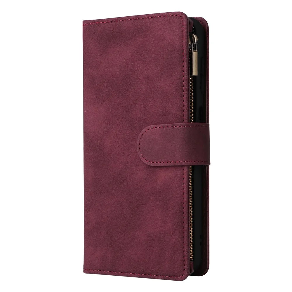 For Samsung Galaxy S25 / S24 Case Zipper Wallet Multiple Card Slots Leather Phone Cover - Wine Red - 7