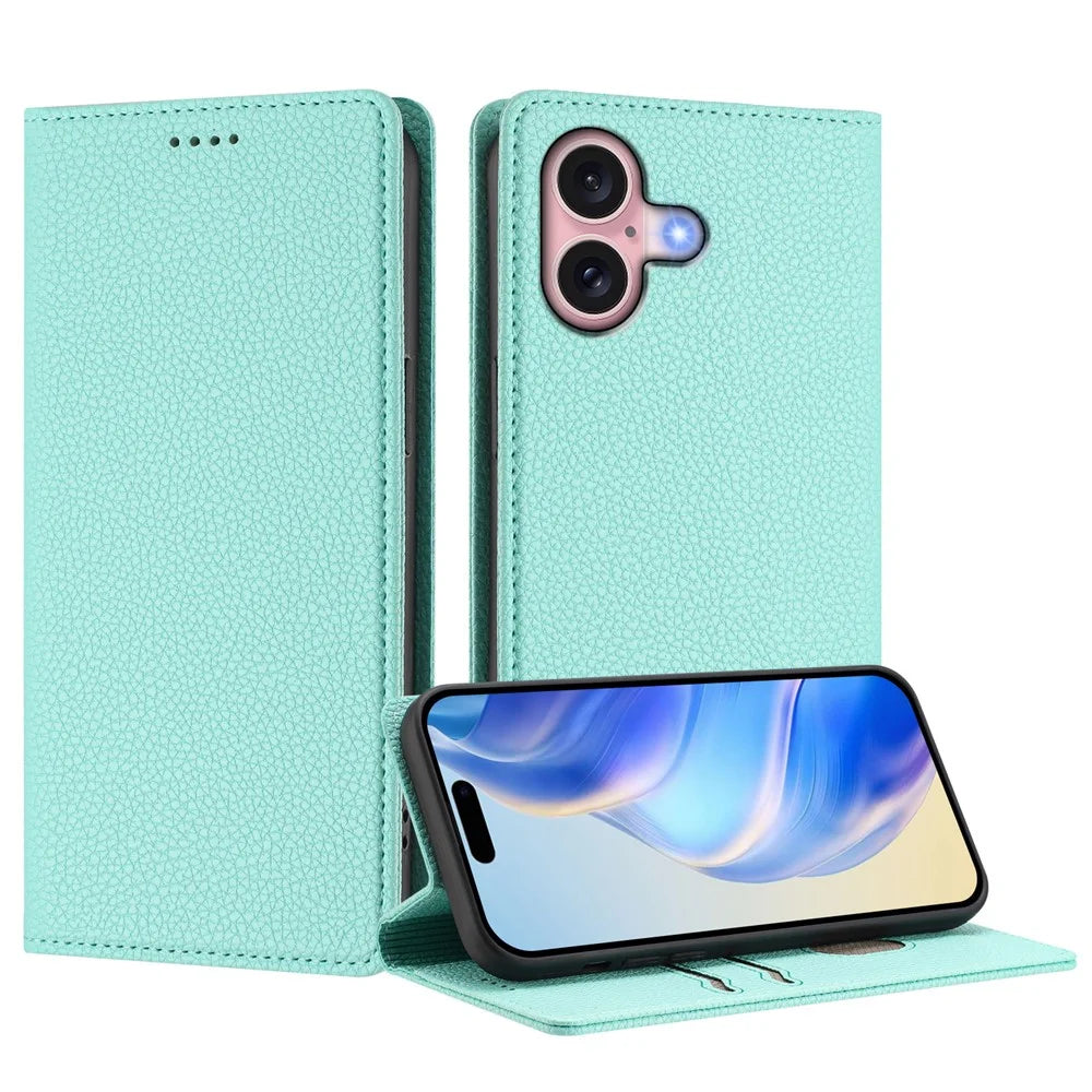 For iPhone 16 Wallet Case RFID Blocking Litchi Texture Leather Mobile Cover - Mint Green - 2