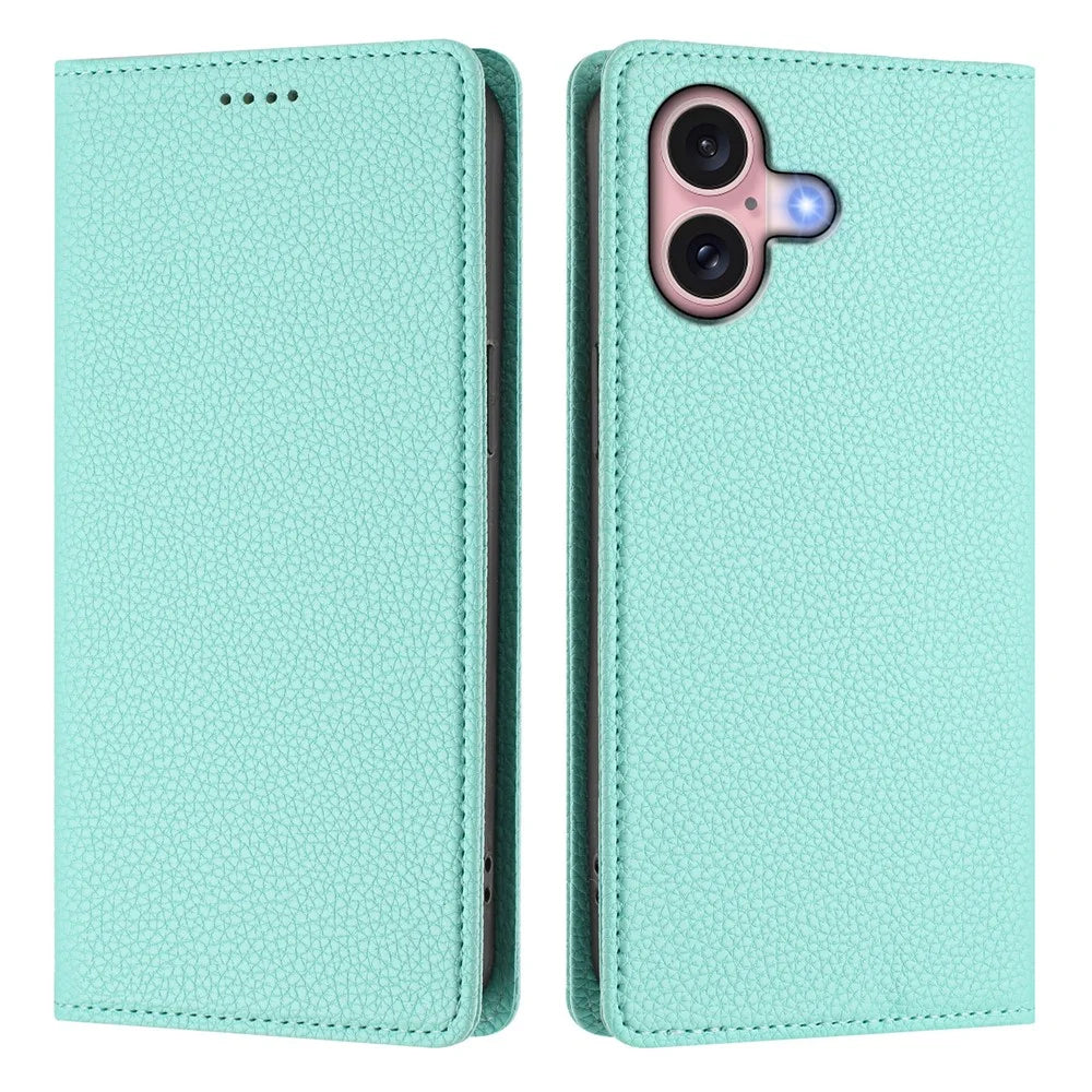 For iPhone 16 Wallet Case RFID Blocking Litchi Texture Leather Mobile Cover - Mint Green - 3