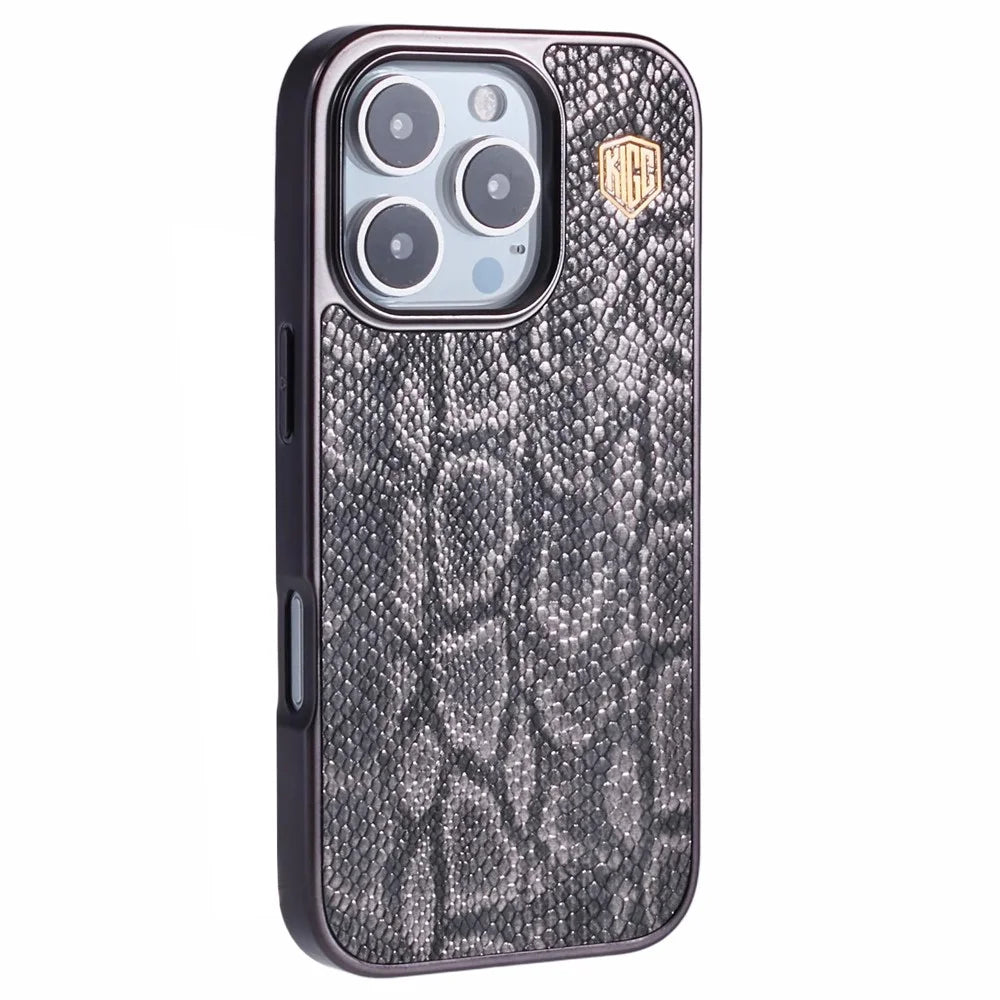 KIGC For iPhone 16 Pro Case Compatible with MagSafe Snake Texture Leather+PC+TPU Back Cover - Grey - 1