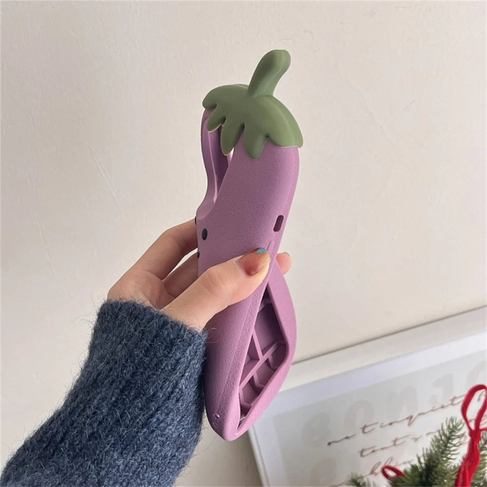 For iPhone 15 Pro Case Cartoon Smile Eggplant Soft Silicone Phone Cover - 3