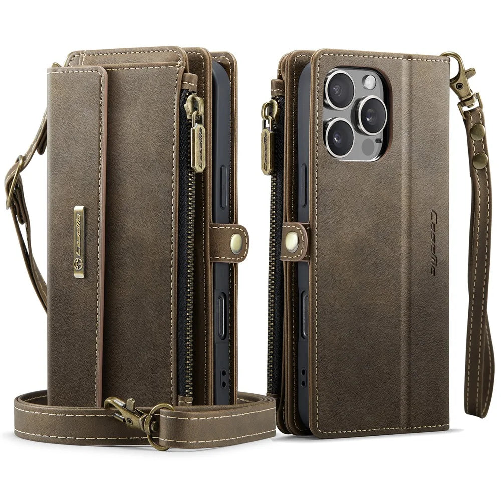 CASEME For iPhone 16 Pro Max  C39 RFID Blocking Zipper Wallet Stand Leather Cover with Strap - Brown - 2