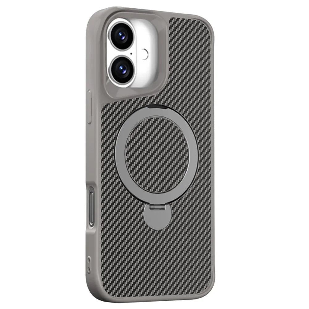 For iPhone 16 Phone Case with Magnetic Kickstand TPU + PC Carbon Fiber Back Cover - Grey - 1