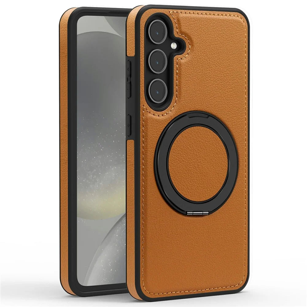 For Samsung Galaxy S25+ Case with Ring Kickstand Magnetic Case PU Leather Back Cover - Brown - 2